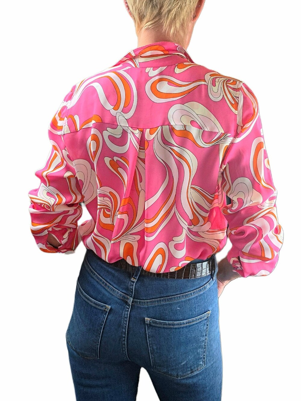 L'AGENCE Nina Long Sleeve Blouse In Orange & Rose Abstract Swirl - Picture 6 of 13